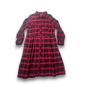 ModCloth Red Black Buffalo Plaid Cotton Button Front Shirt Dress Long Sleeve
